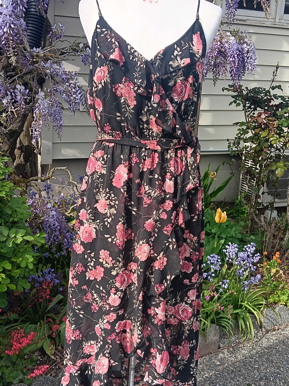 Xhilaration Black & Pink Floral Midi Wrap Dress